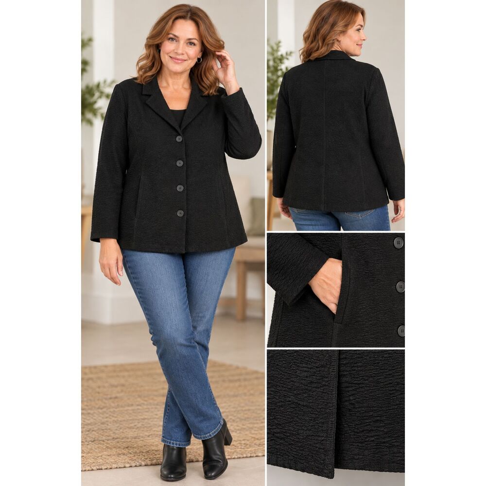 Eileen Fisher Woman 1X Black Textured Stretch Button Front Jacket Blazer #22
